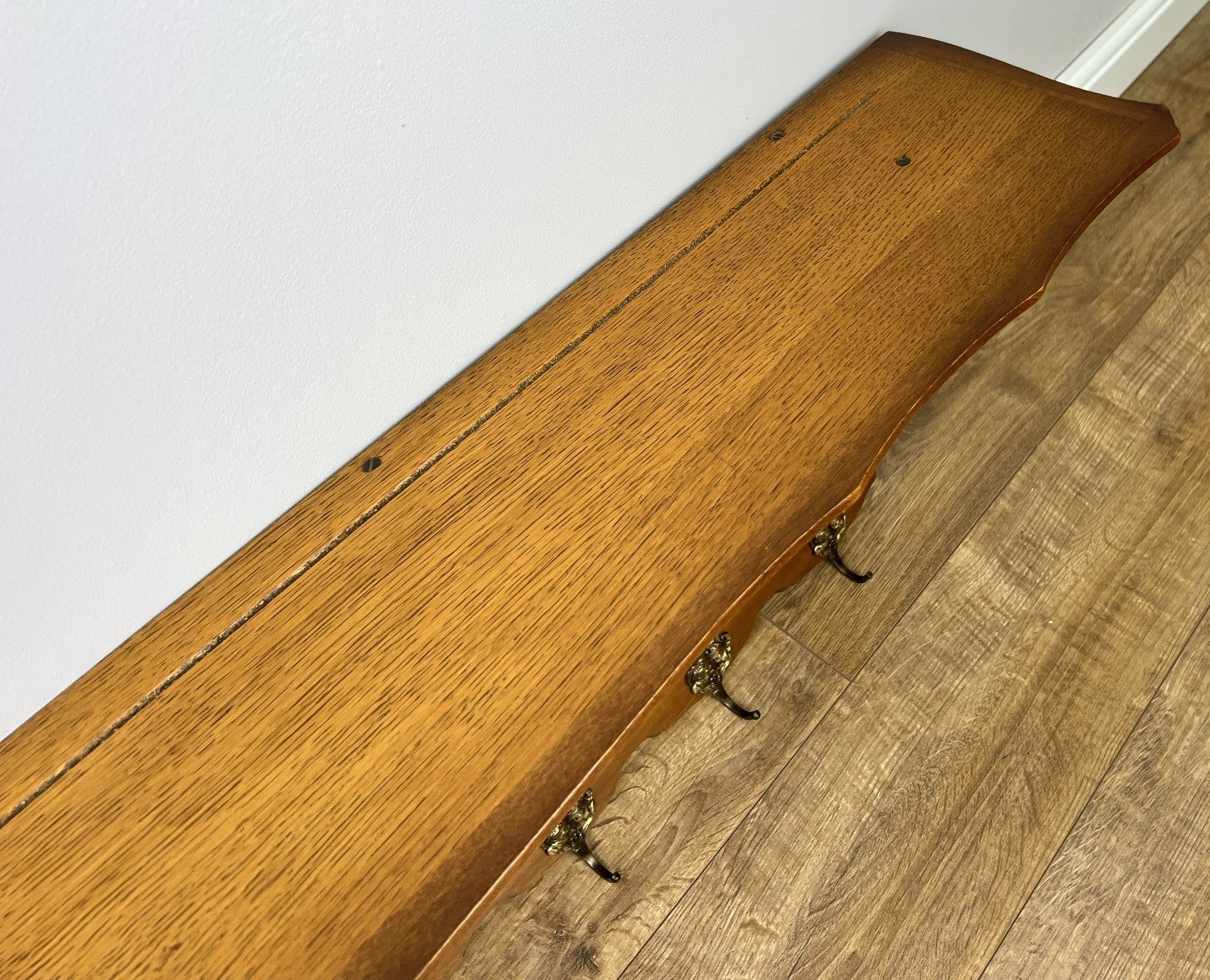 French Vintage Coat Rack Oak 7 Hooks Wall Shelf Brass Panel Coat Hanger LOT 495911