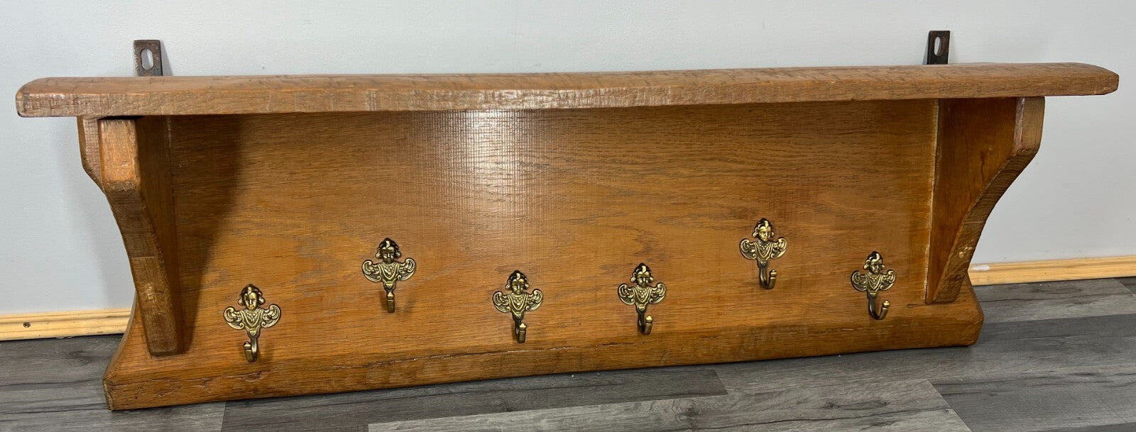 Coat Rack Antique French Oak Wall Shelf 6 Hook Carved Coat Hanger LOT 26415