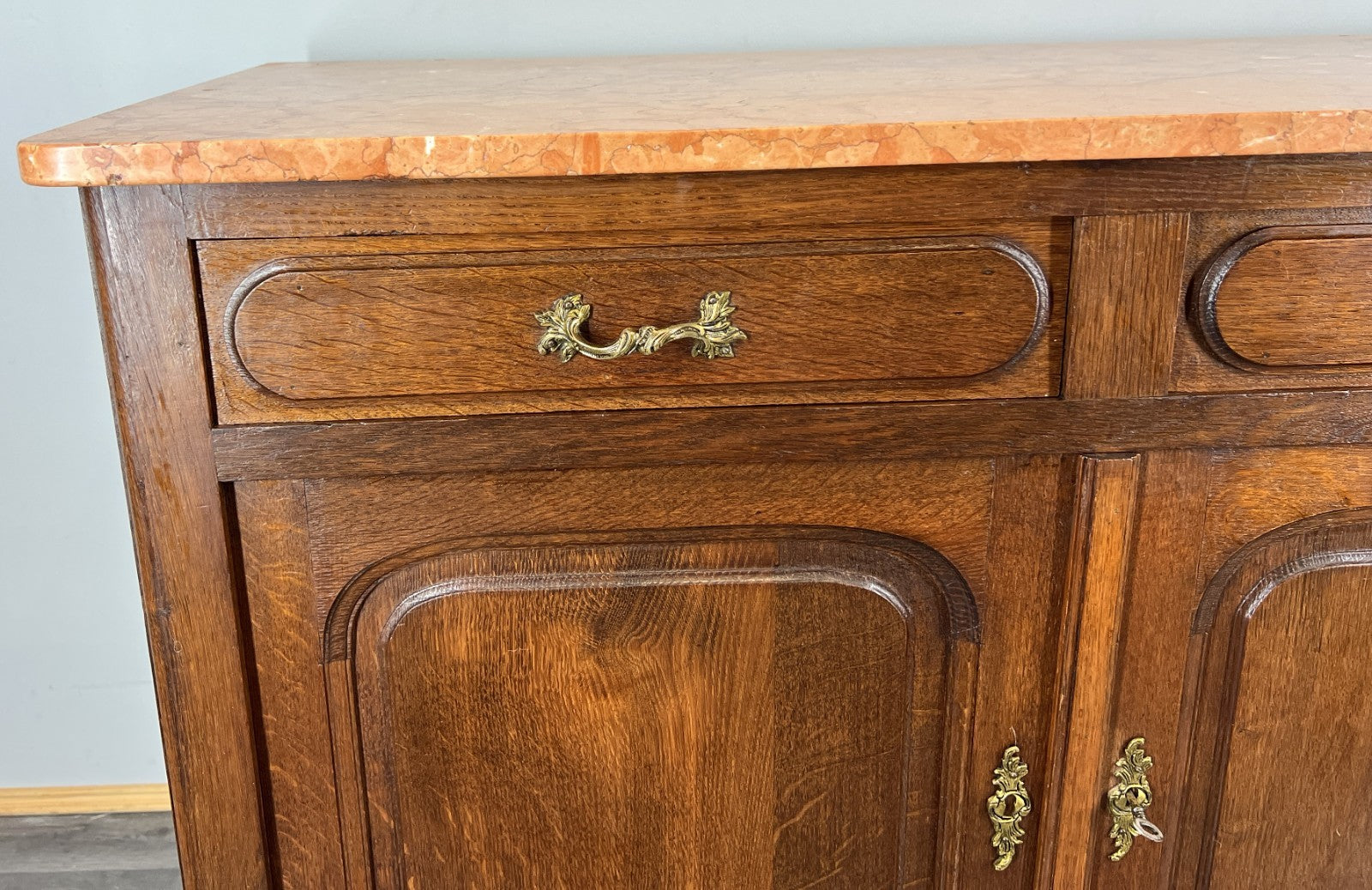 Cabinet Antique French Marble Top Oak Carved with Drawers Sideboard LOT 44892