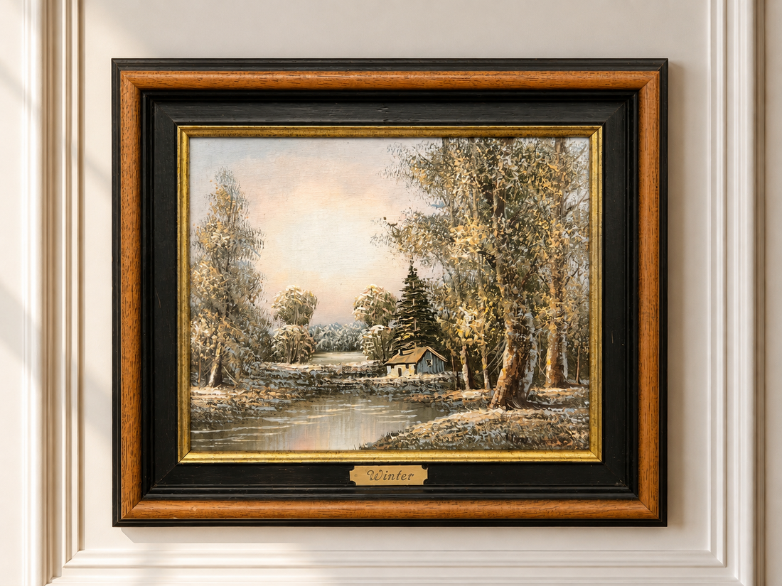 Oil Painting Vintage French Oak Frame Signed Winter Landscape Art Decor LOT 6468