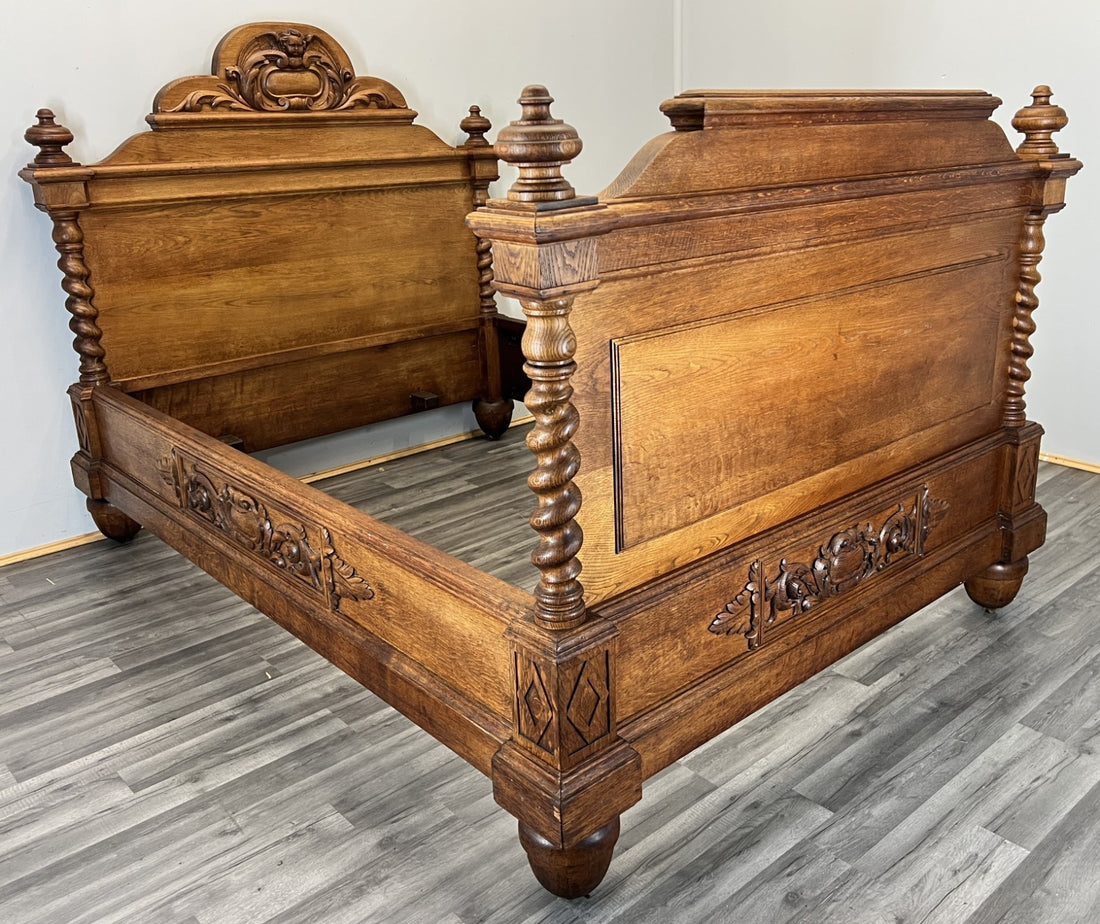 Bed Antique French Style Double Bed Frame Oak Carved Headboard LOT 47520