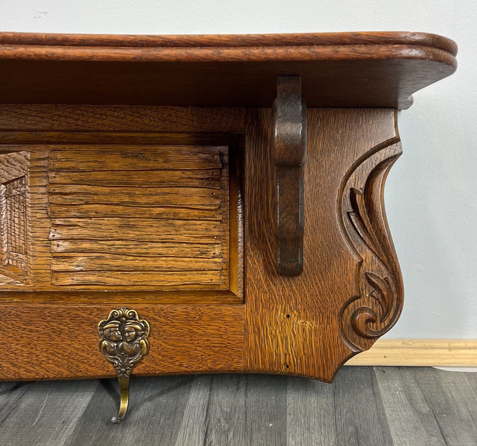 Coat Rack Antique French Carved Oak Wall Mounted 4 Hook Rack Hanger LOT 31082