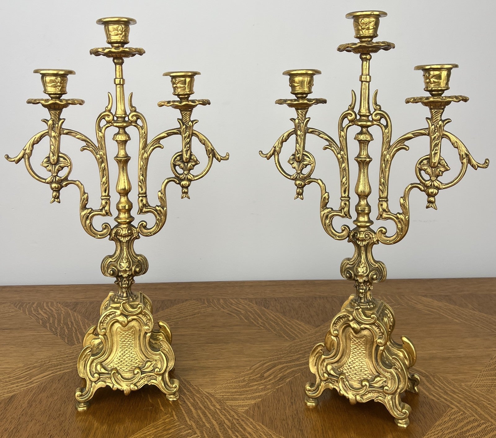 Candelabras Vintage French Brass Pair Ornate 3 Arm Candle Holders LOT 604511