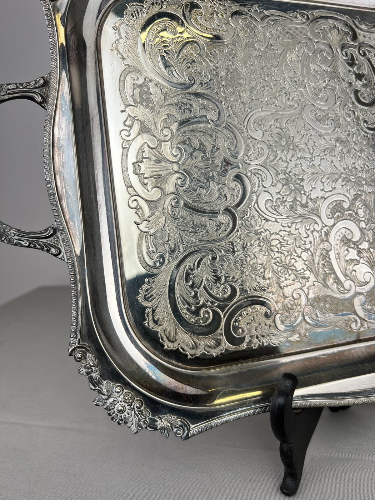 Serving Tray Vintage Metal Ornate Engraved Twin Handle English Tray LOT 6444