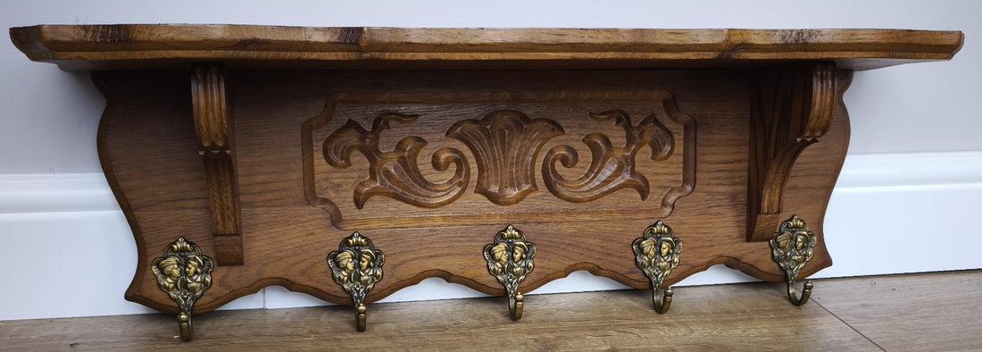 French Vintage Coat Rack Oak 5 Hooks Wall Shelf Carved Coat Hanger LOT 49950