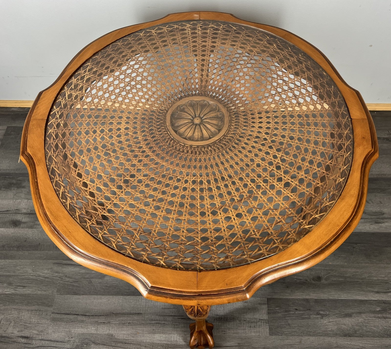 Coffee Table Vintage French Oak Round Glass Top Ornate Cane Table LOT 44622