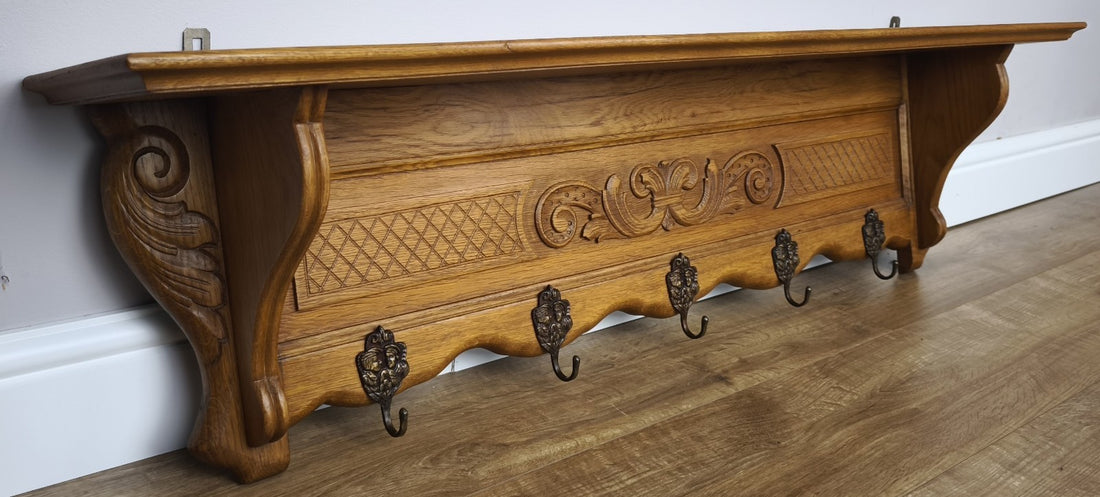 French Vintage Coat Rack Oak 5 Hooks Wall Shelf Carved Coat Hanger LOT 60010
