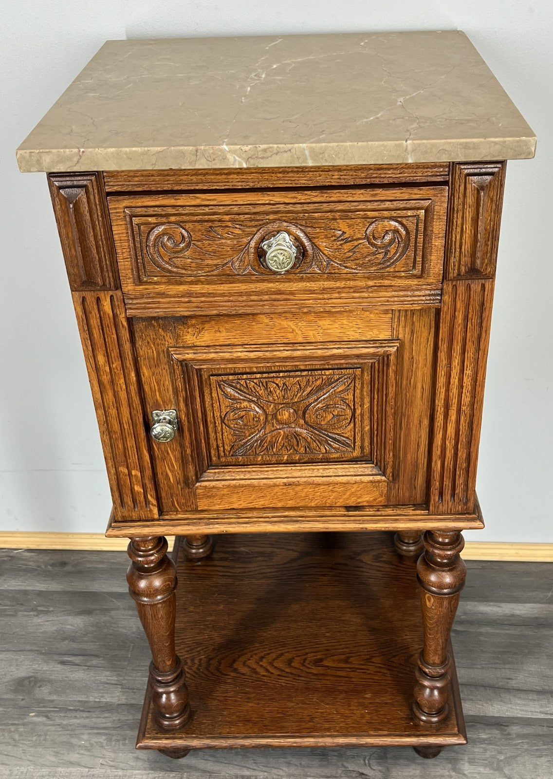 Bedside Table Antique French Oak with Marble Top Carved Cabinet LOT 43330