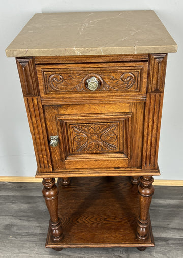 Bedside Table Antique French Oak with Marble Top Carved Cabinet LOT 43330
