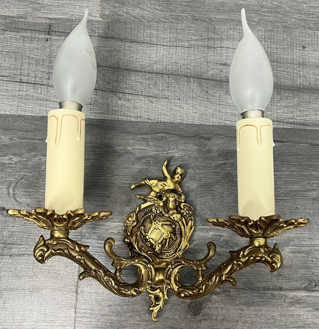 Vintage French Wall Light Brass Cherub Double Arm Rococo Sconce LOT 44110