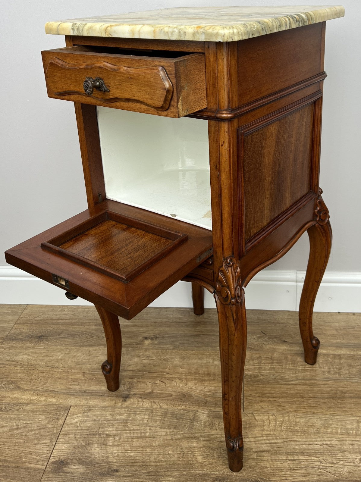 Pair of  Bedside Tables Antique French Louis Walnut Marble Top Cabinets LOT 489410