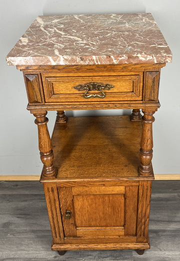 Bedside Table Antique French Oak with Marble Top Carved Cabinet LOT 43380