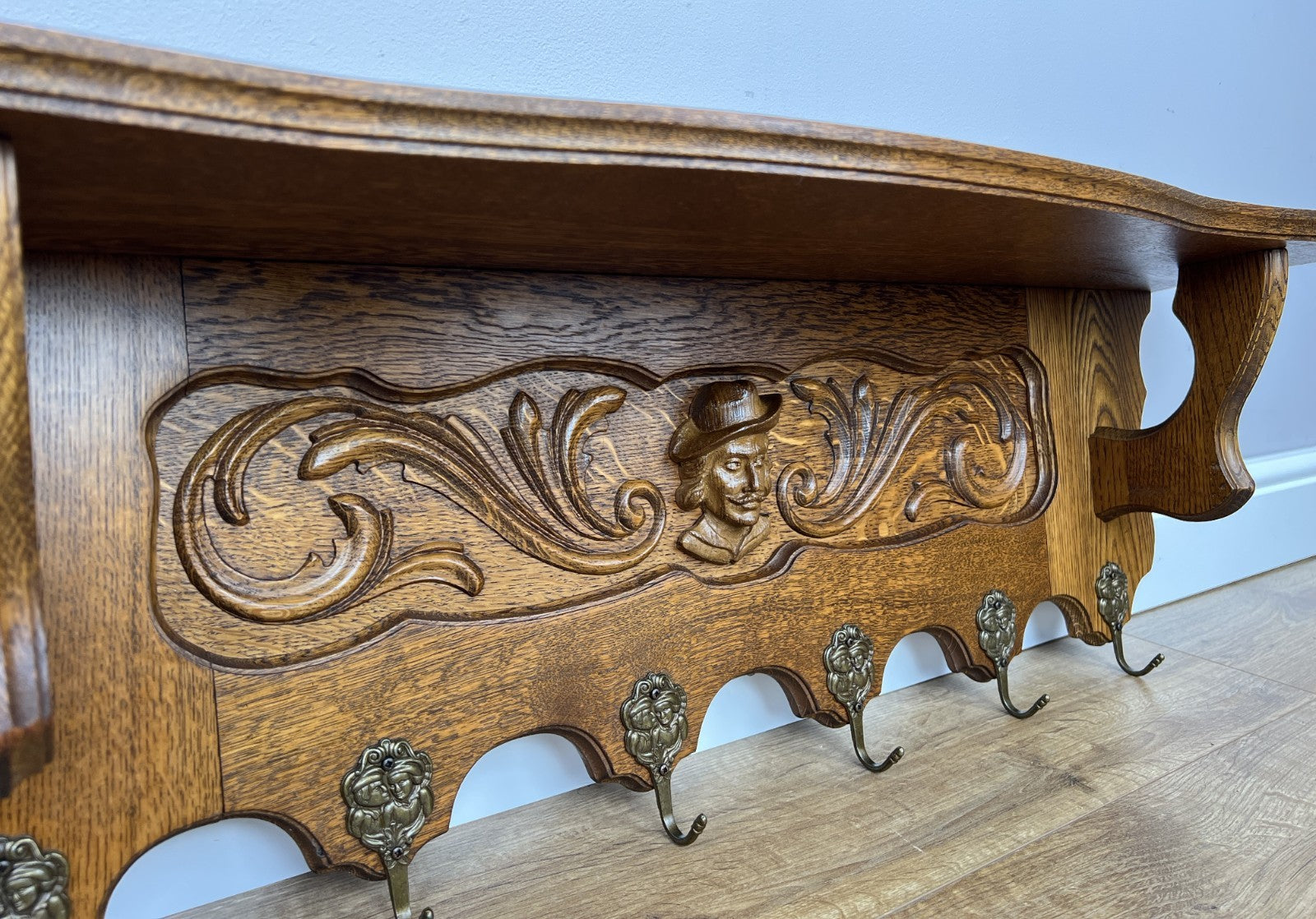 Coat Rack Vintage French Oak Wall Mounted 6 Hooks Carved Rack Hanger LOT 62023