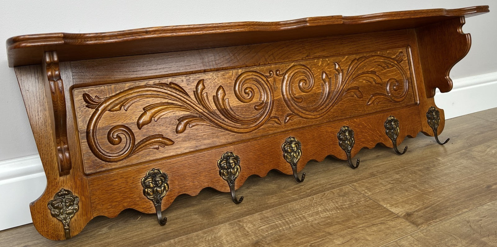 French Vintage Coat Rack Oak 7 Hooks Wall Shelf Carved Coat Hanger LOT 49030