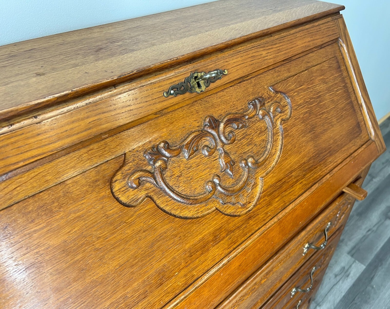 Secretaire Writing Desk Vintage French Oak Bureau Carved Cabinet LOT 37559