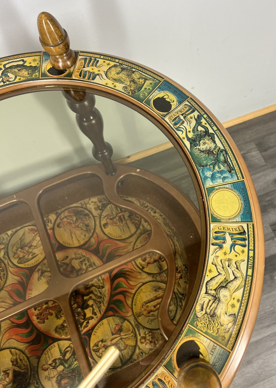 Bar Cart Vintage French Zodiac Drinks Trolley Glass Top Serving Table LOT 43943