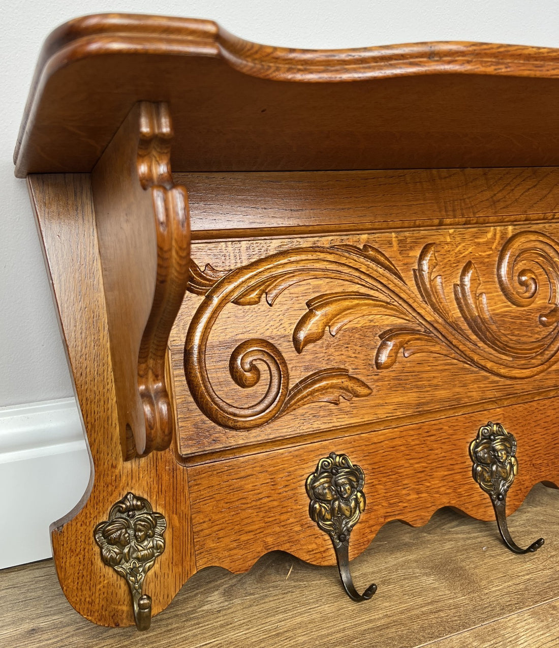 French Vintage Coat Rack Oak 7 Hooks Wall Shelf Carved Coat Hanger LOT 49030