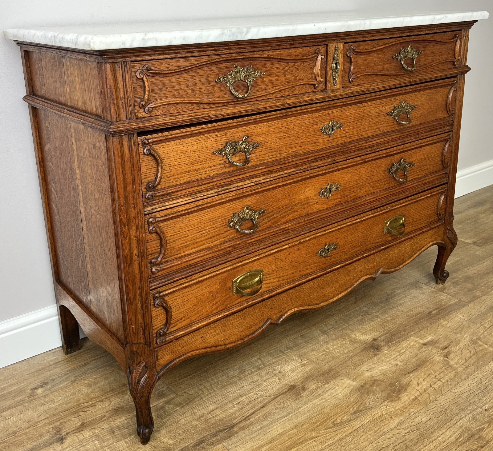 Chest of Drawers Antique French Oak Marble Top 5 Drawers Carved Cabinet LOT 62793