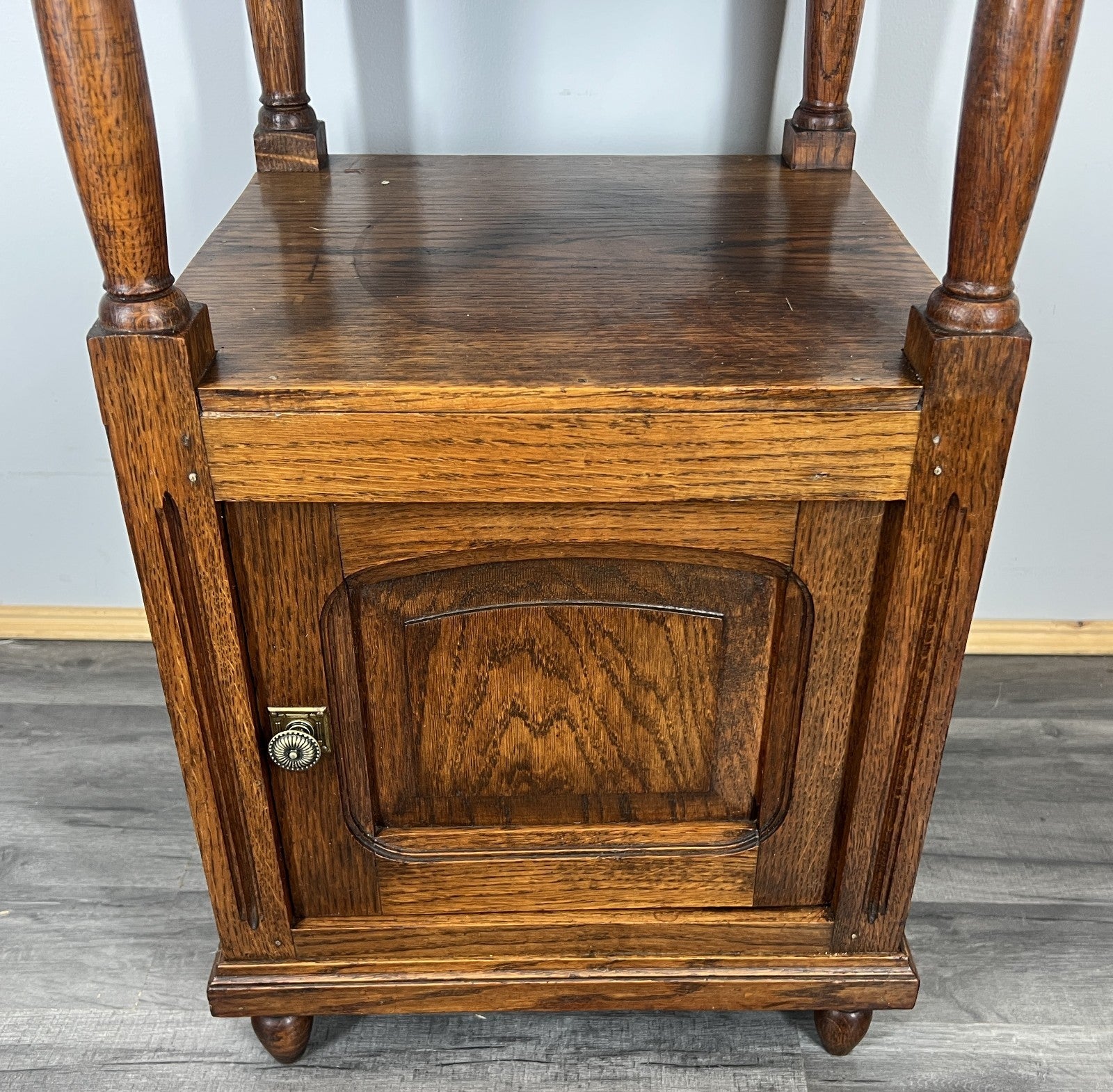 Bedside Table Antique French Oak with Marble Top Carved Cabinet LOT 43363