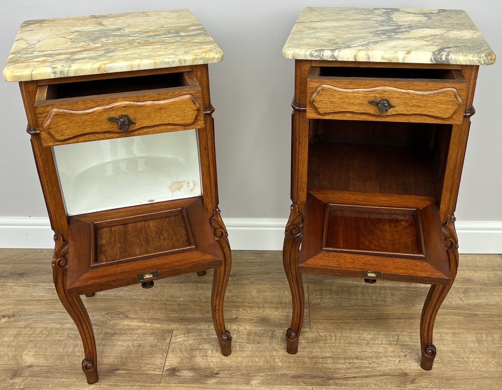 Pair of  Bedside Tables Antique French Louis Walnut Marble Top Cabinets LOT 489416