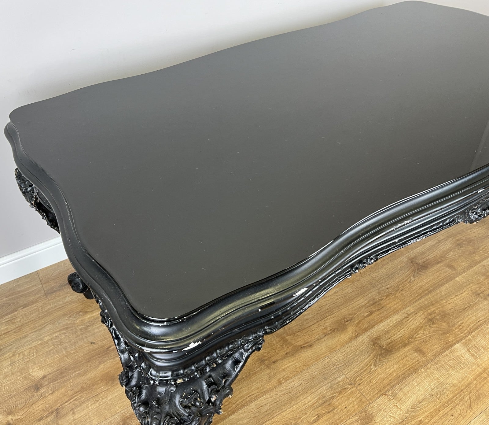 Double Sided Desk Antique French Style Black Painted Heavy Carved Table LOT 61864