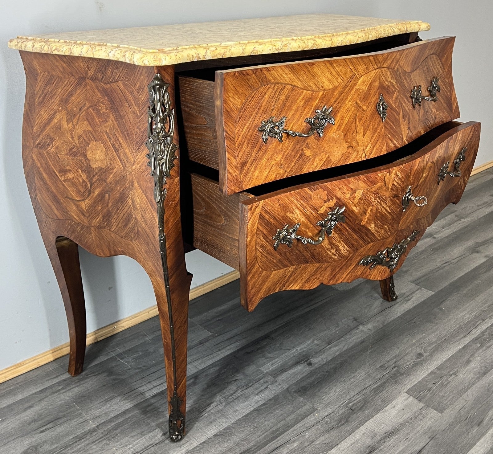 Chest of Drawers Antique French Bombe Walnut Marble Top Carved Cabinet LOT 47061