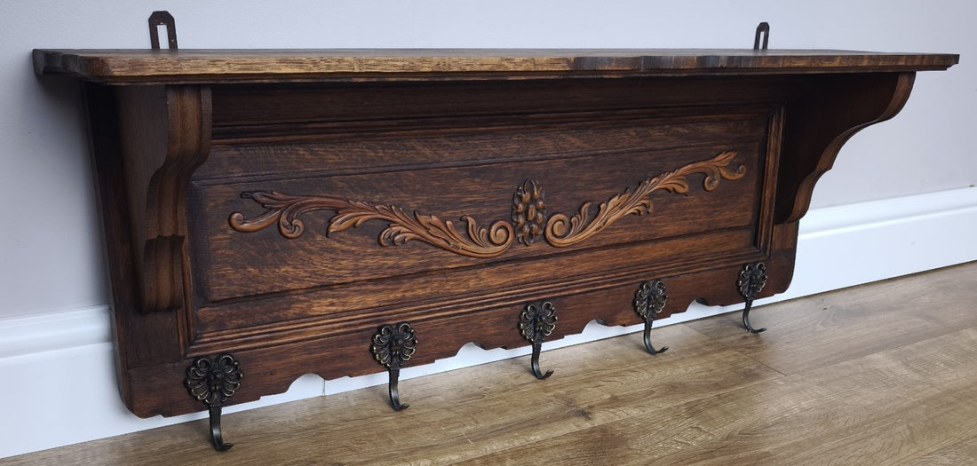 French Vintage Coat Rack Oak 5 Hooks Wall Shelf Carved Coat Hanger LOT 49990