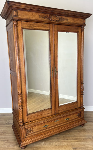 Wardrobe Antique French Oak Two Door Mirrored Carved Armoire Cabinet LOT 61200