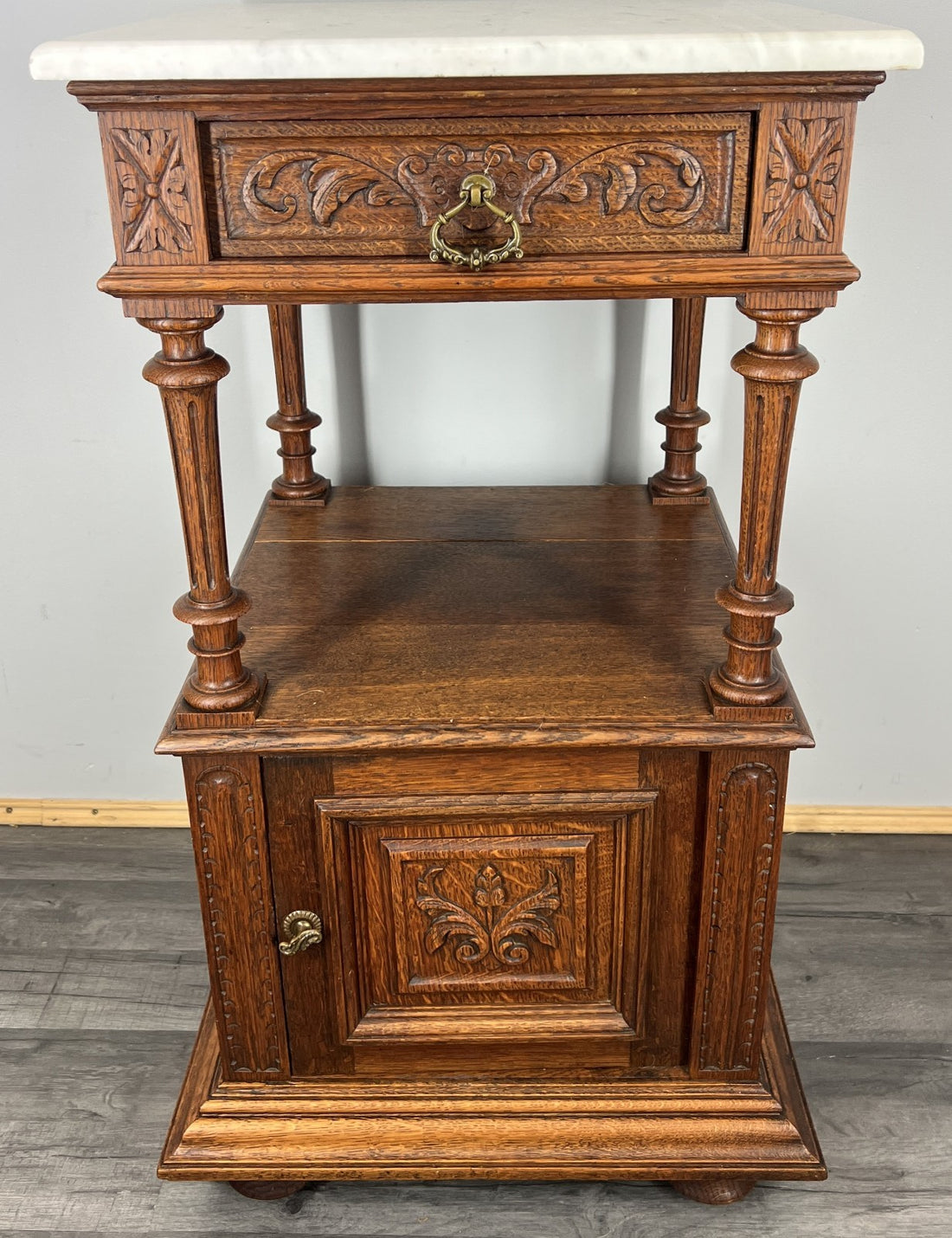 Bedside Table Antique French Oak with Marble Top Carved Cabinet LOT 42910