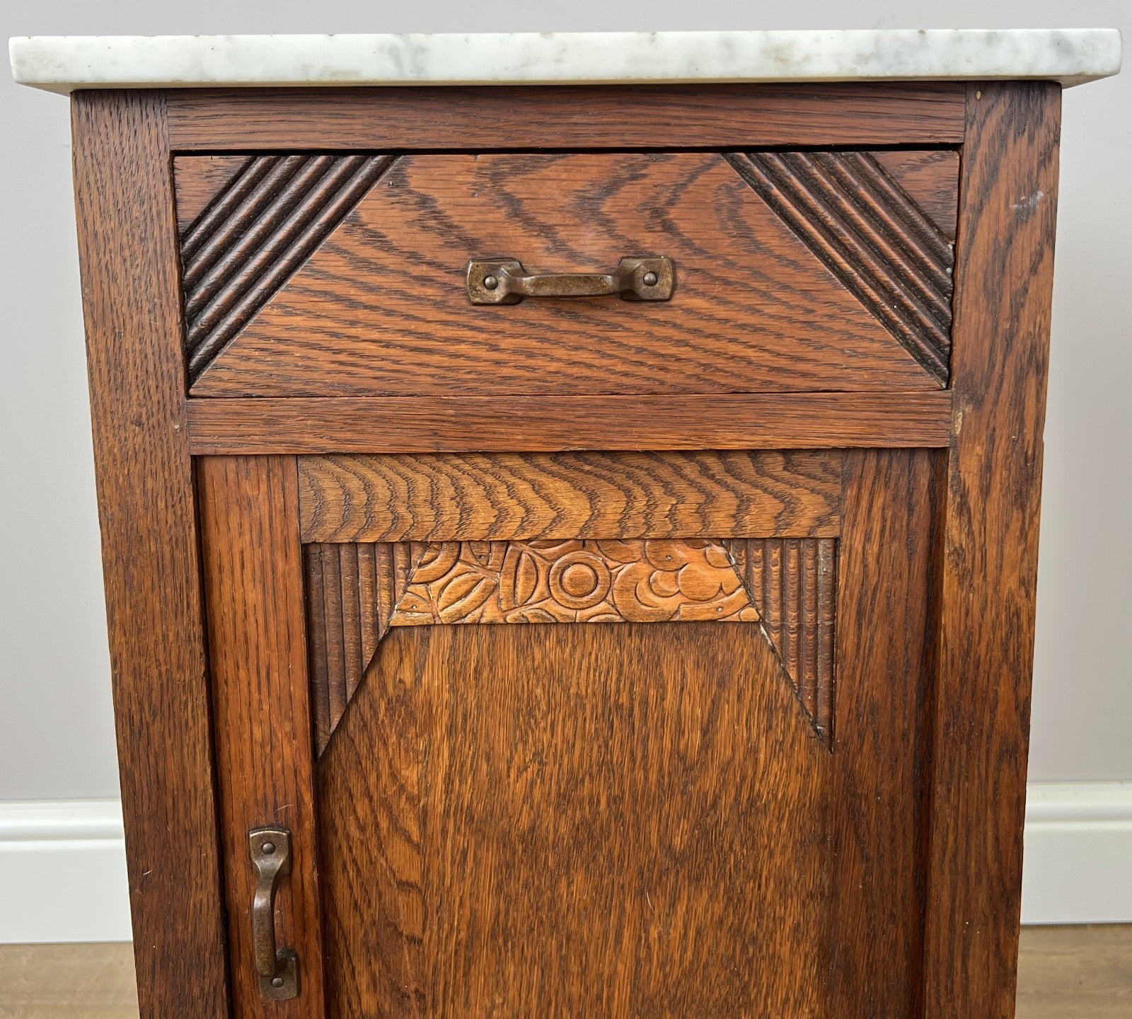 Bedside Table Antique French Marble Top Oak Cabinet Carved Cupboard LOT 62002