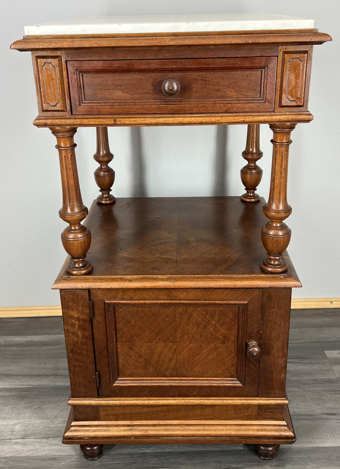 Bedside Table Antique French Walnut Marble Top Cabinet Nightstand LOT 44490