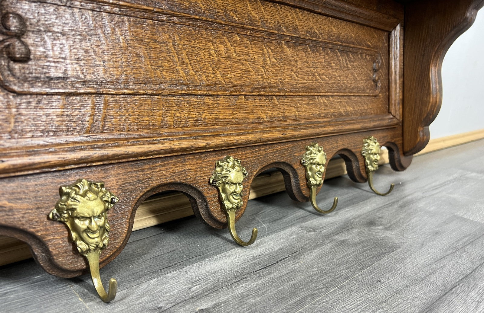 French Vintage Coat Rack Oak 4 Hooks Wall Shelf Carved Coat Hanger LOT 44336