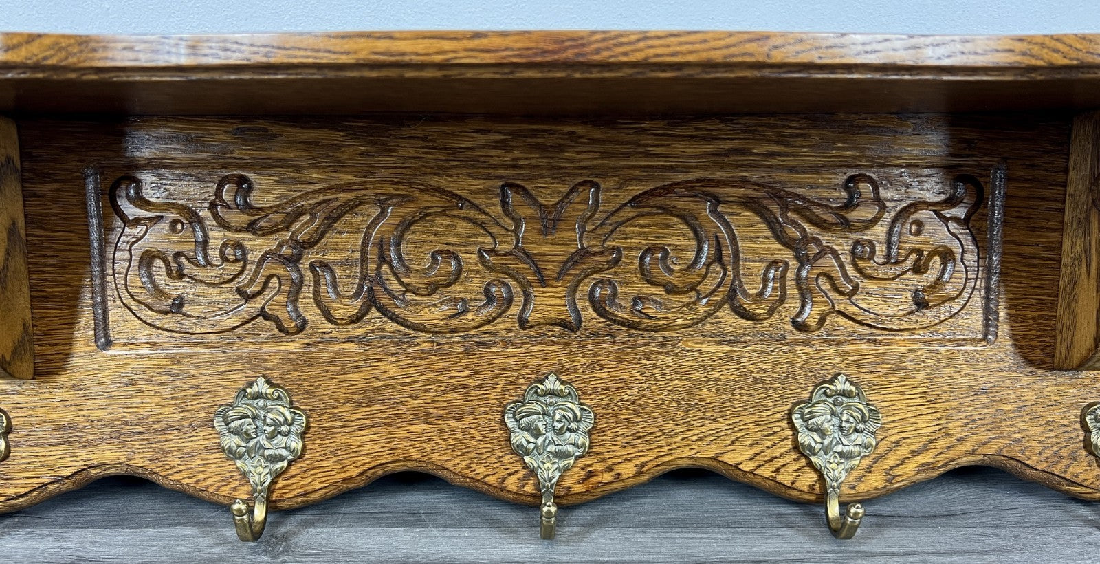 French Vintage Coat Rack Oak 5 Hooks Ornate Wall Shelf Carved Coat LOT 44432