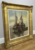 Oil Painting Vintage French Style Signed Coastal Boats Artwork Framed LOT 49427