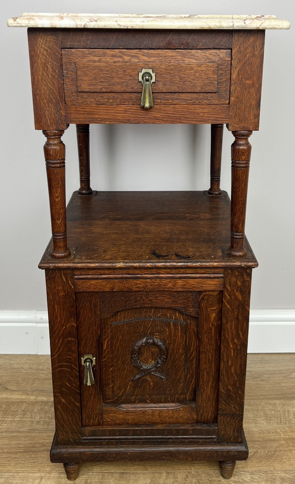 Pair of Bedside Tables Antique French Marble Top Carved Oak Cabinets LOT 49183