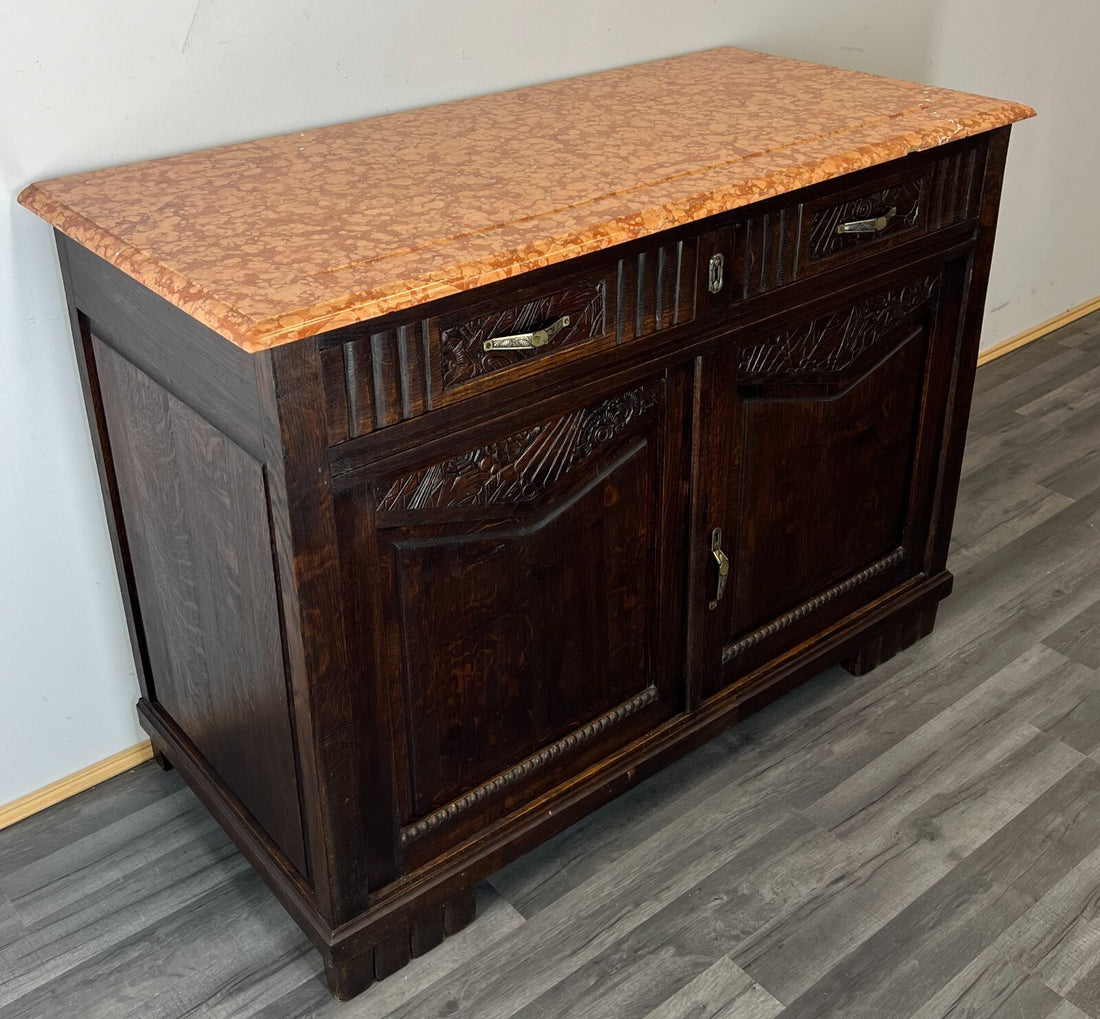 Sideboard Antique French Oak Marble Top Carved Two Door Cabinet LOT 22270