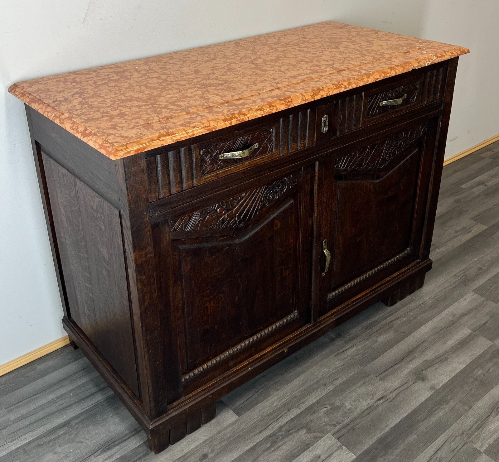 Sideboard Antique French Oak Marble Top Carved Two Door Cabinet LOT 22271