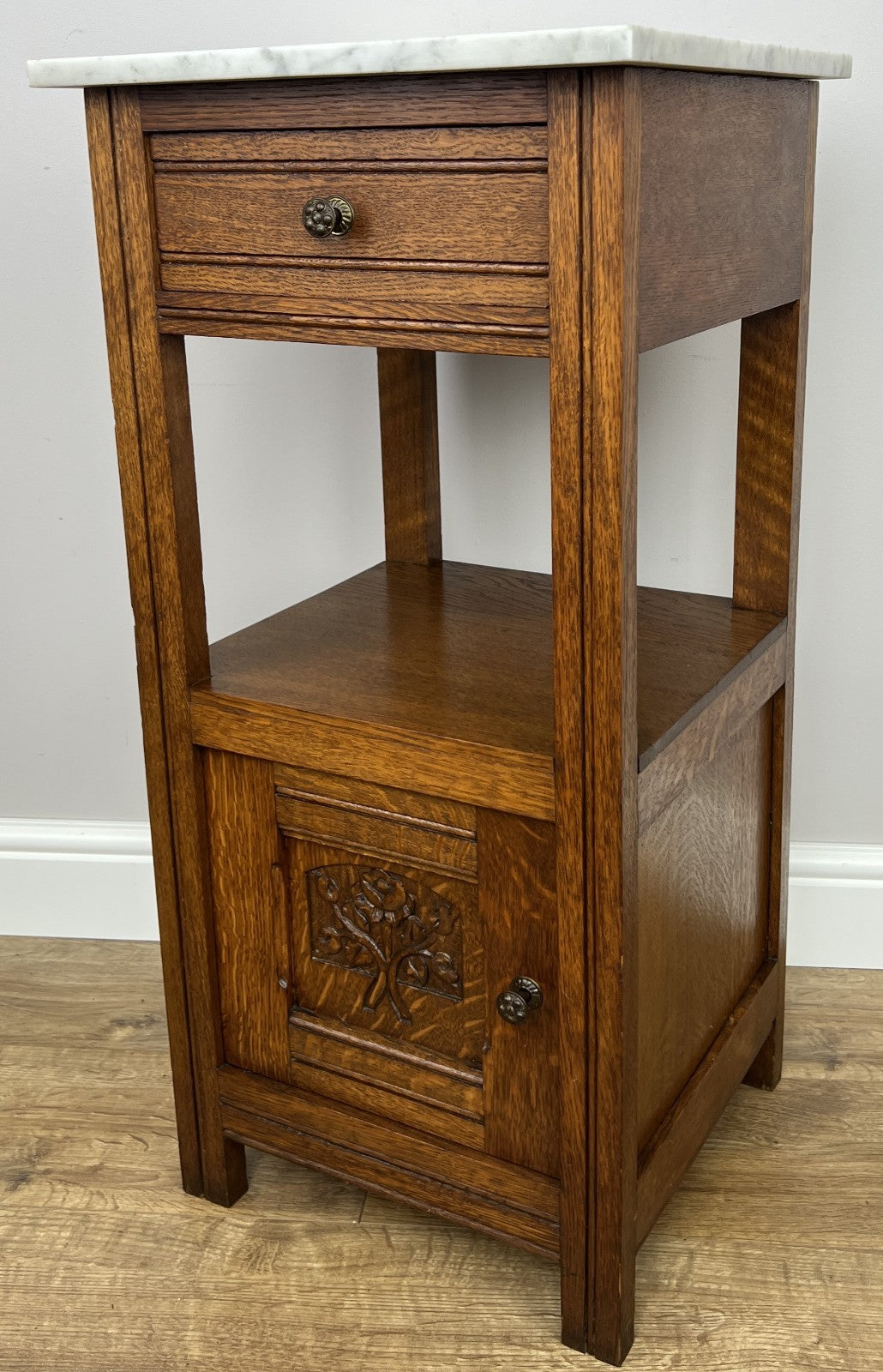 Bedside Table Antique French Style Marble Top Oak Cabinet Nightstand LOT 62412