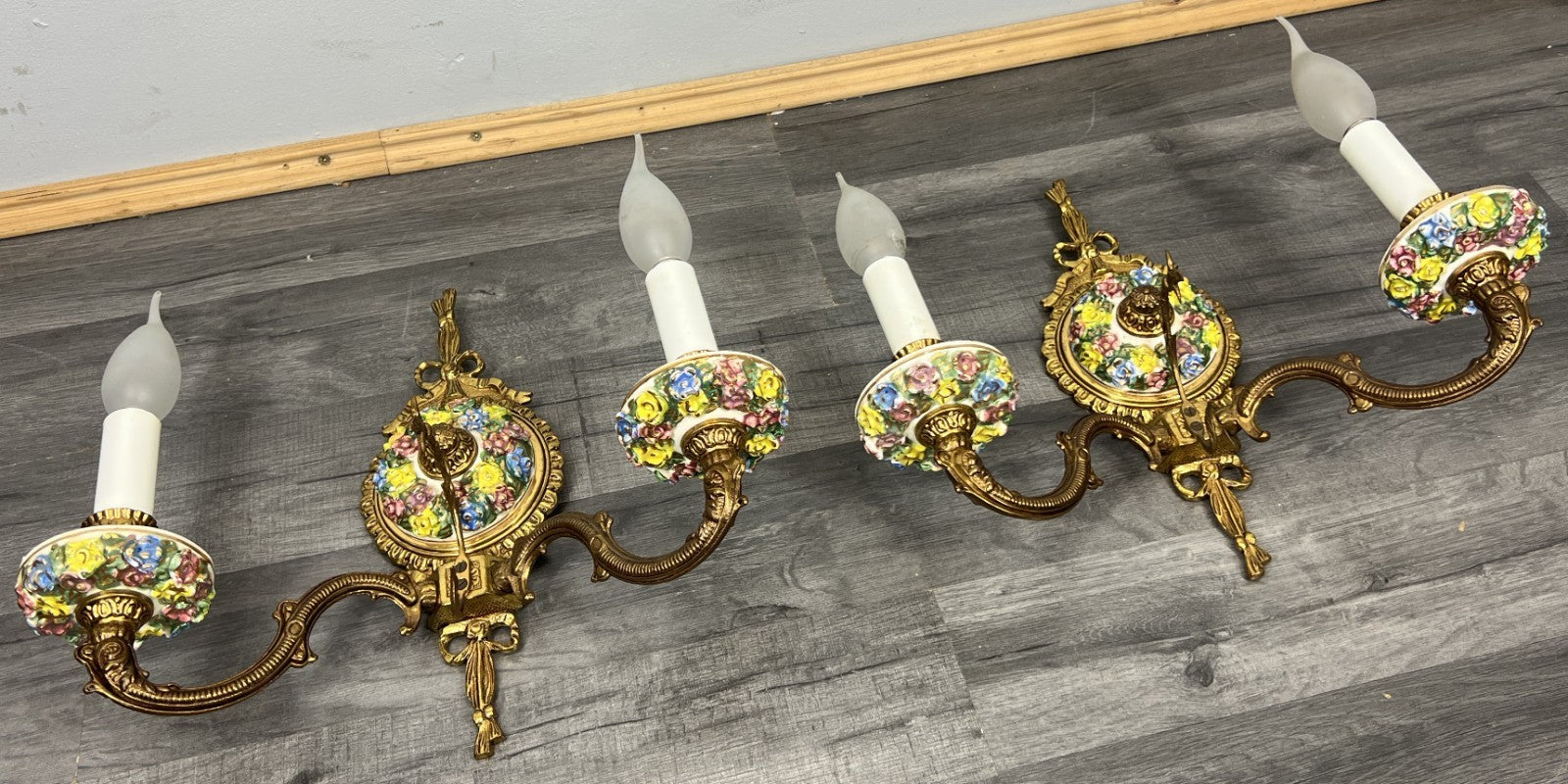 Pair of Wall Lights Vintage Spanish Porcelain Brass Floral Sconces LOT 44152