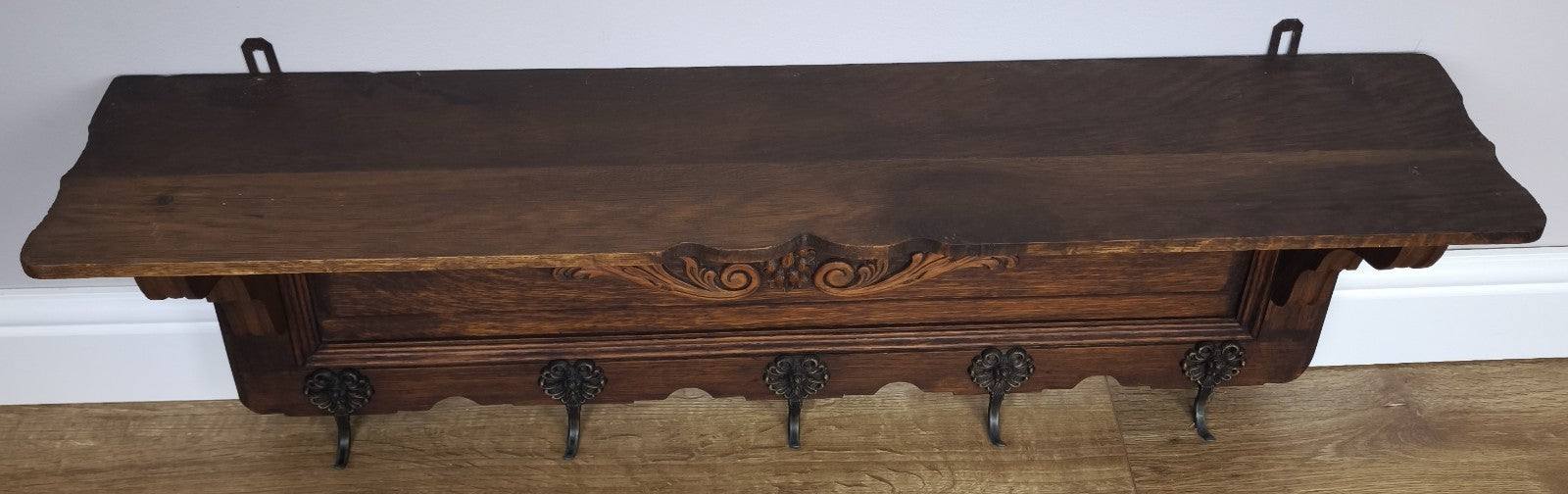 French Vintage Coat Rack Oak 5 Hooks Wall Shelf Carved Coat Hanger LOT 49997