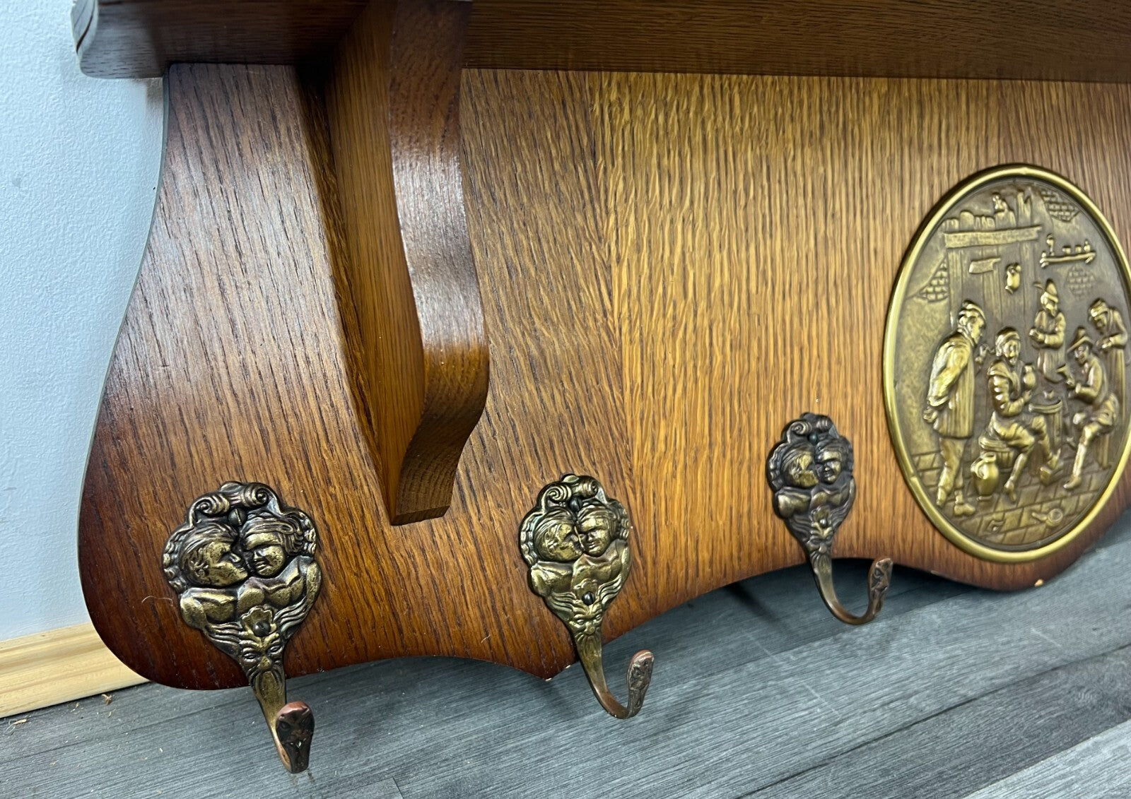 French Antique Coat Rack 6 Hooks Wall Shelf Carved Wood Coat Hanger LOT 22765