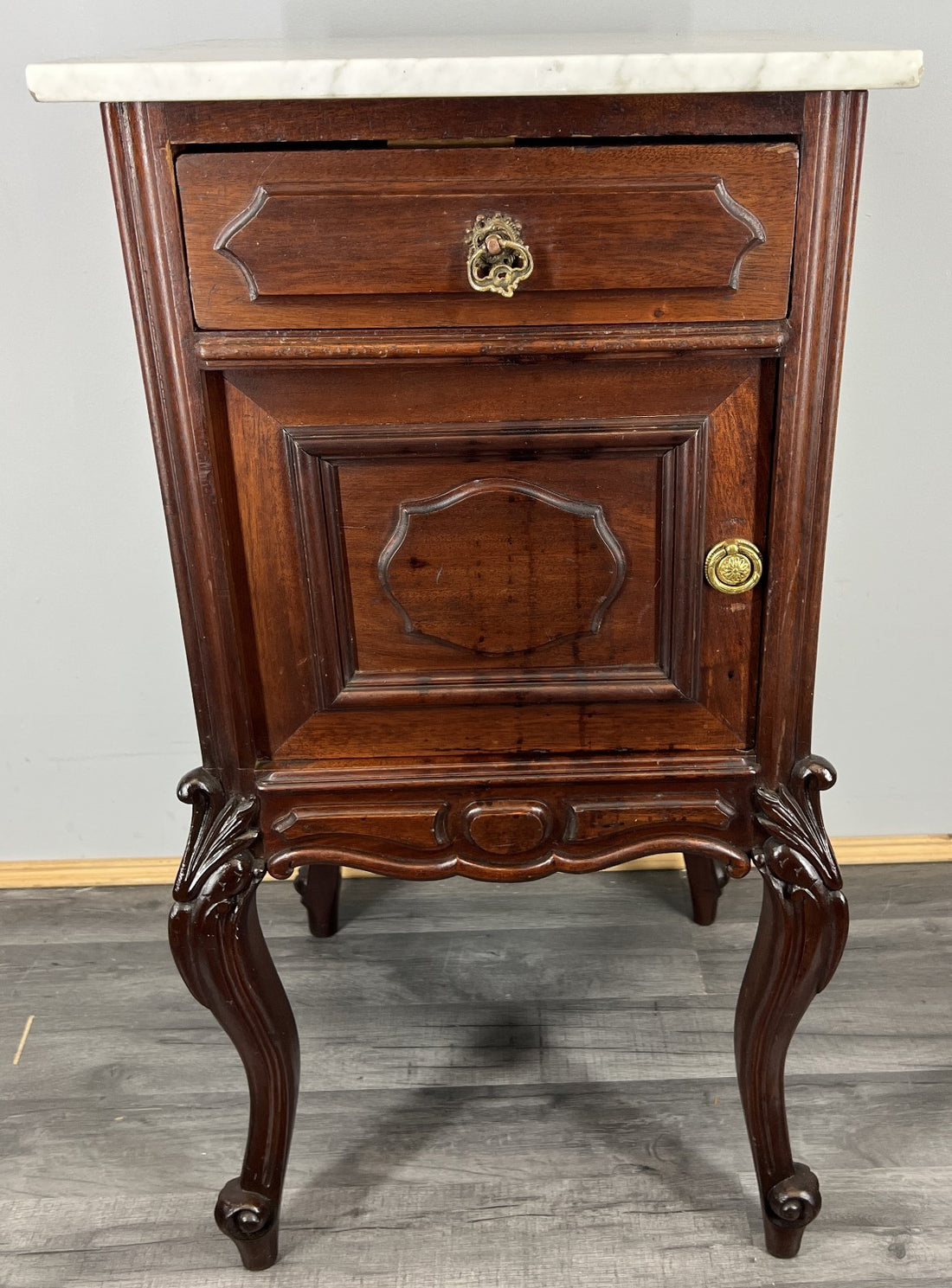 Bedside Table Antique French Marble Top Walnut Carved Cabinet LOT 43340