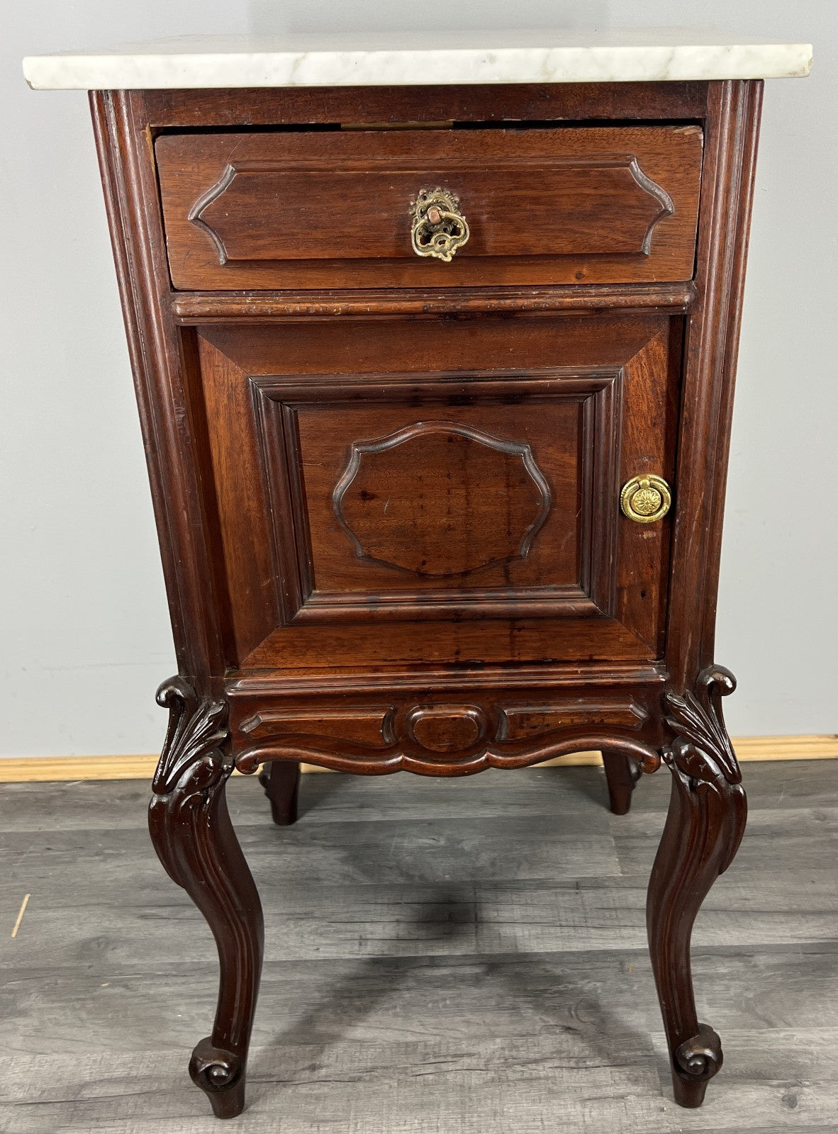 Bedside Table Antique French Marble Top Walnut Carved Cabinet LOT 43341