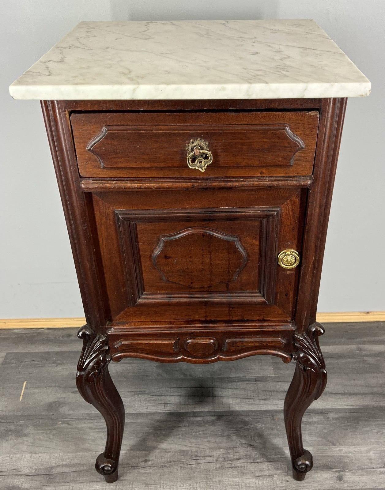 Bedside Table Antique French Marble Top Walnut Carved Cabinet LOT 43340
