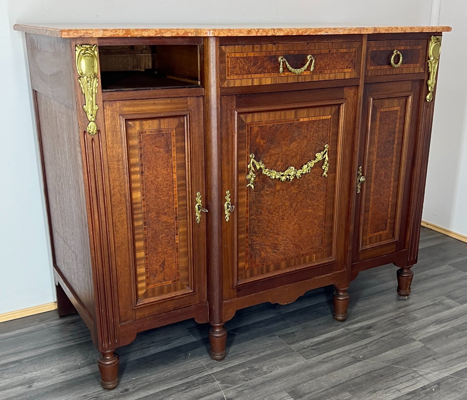 Sideboard Antique French Marble Top Inlaid Brass Detail Carved Cabinet LOT 23820