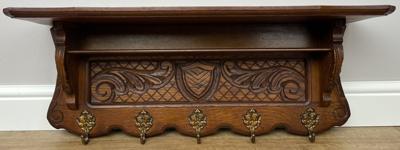 Coat Rack Vintage French Oak Wall Mounted 5 Hooks Carved Rack Hanger LOT 62941
