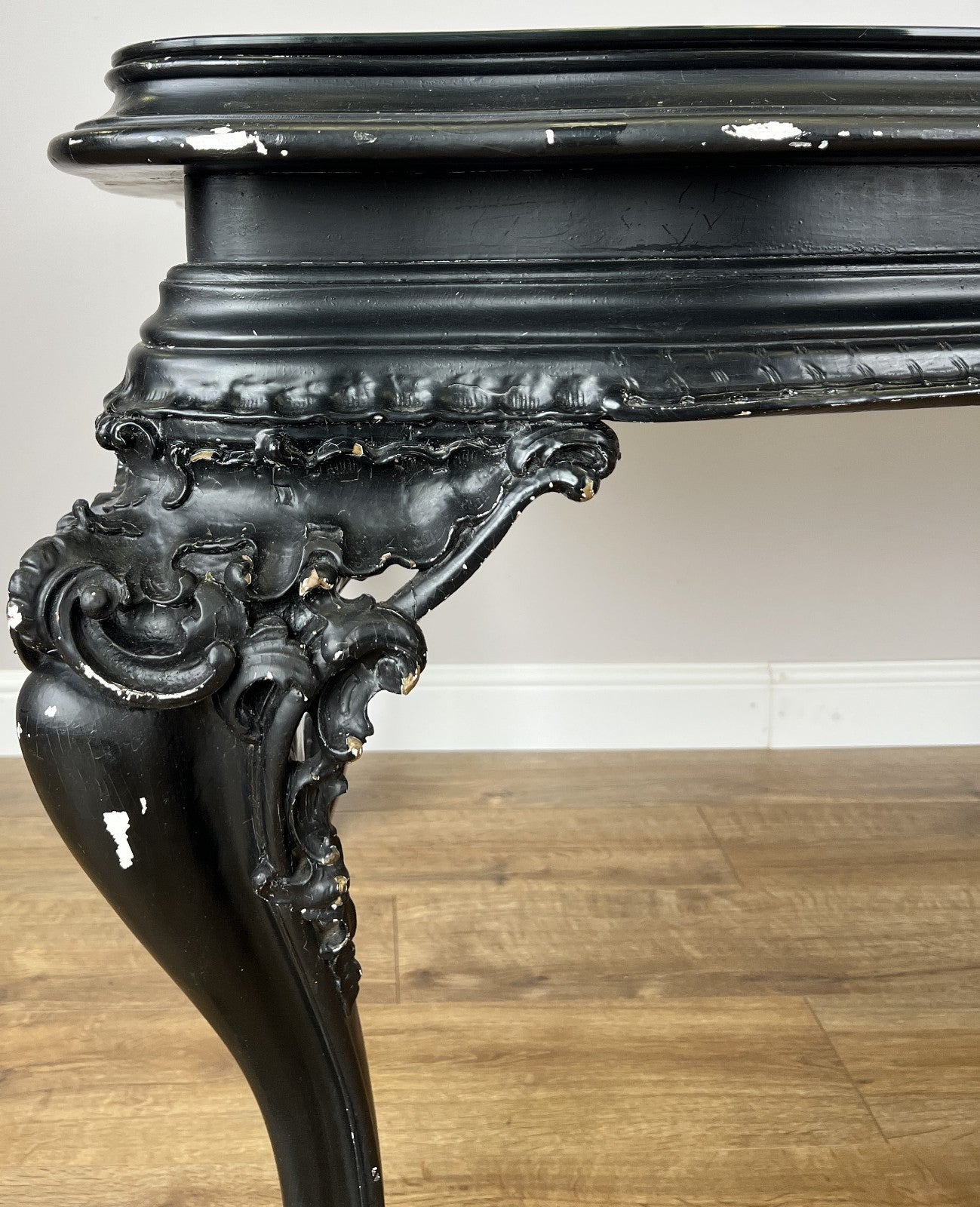 Double Sided Desk Antique French Style Black Painted Heavy Carved Table LOT 61867