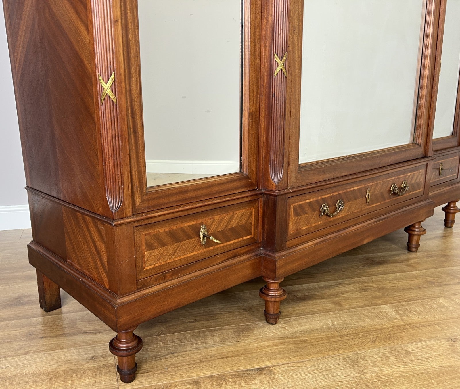 Wardrobe Antique French Style Three Door Inlaid Burr Mirrored Armoire LOT 61634