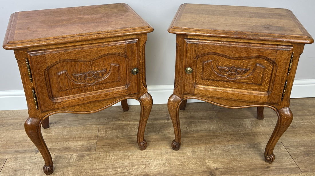 Pair of Bedside Tables Vintage French Louis Oak Nightstands Cabinets LOT 62110