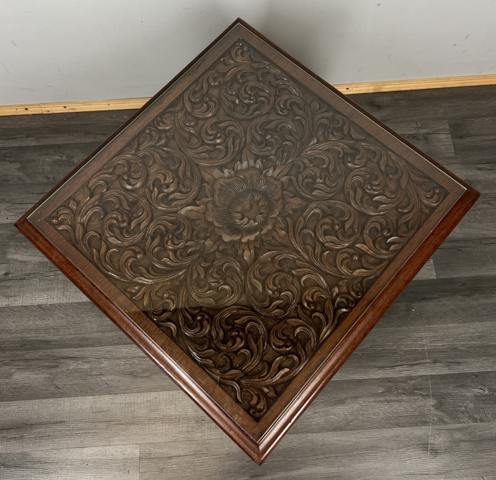 Plant Stand Coffee Table Chinese Mahogany Hand Carved Design Glass Top LOT 43277